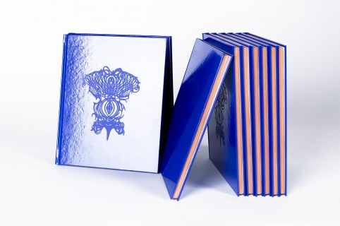 zdjęcie kilku tych samych katalogów Edyty Hul. Intensywnie błyszcząca niebieska okładka z pokrutym matową folią znakiem graficznym. Pomarańczowo rude boki bloku książki.